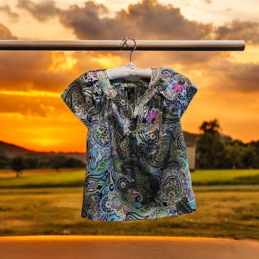 Talbots Paisley Floral‎ Green Satin Blouse Multicolored Top Women Petite 2P
